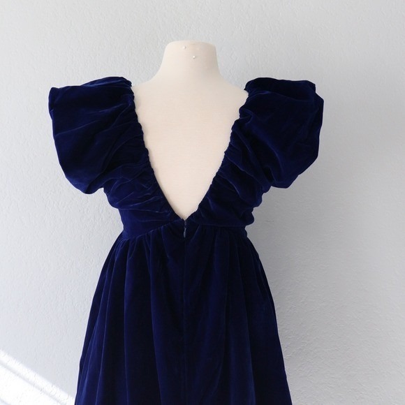 Endless Rose Women Small Navy Blue Velvet Ruffle V Neck Bow Mini Babydoll Dress - Picture 4 of 10
